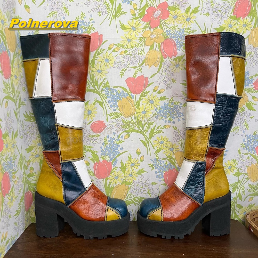 Vintage Style Women Fashion - Women Retro Patchwork Leather Knee High