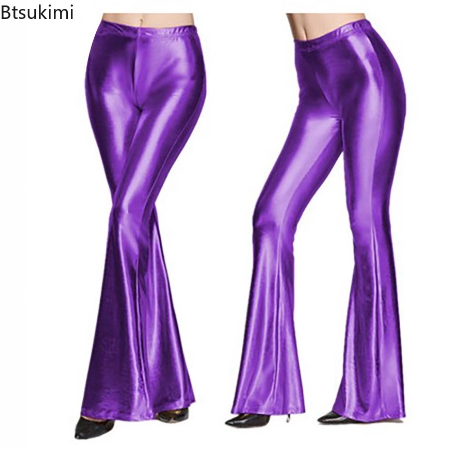 Wide Leg Trouser 70S - Women's Shiny Bell Bottom Pants Faux