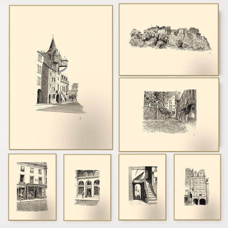 Vintage Fashion Wall Art - Vintage Edinburgh Castle Pen Ink Drawing