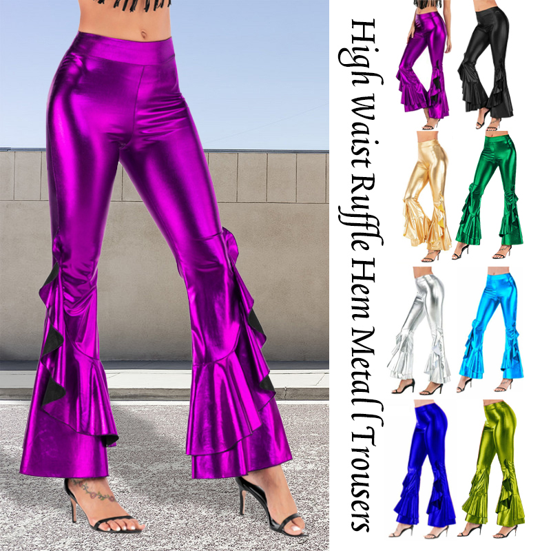 Women Shiny Flare Trousers Met - Wide Leg Trouser 70S review and price